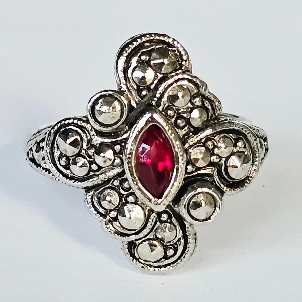 90's Gothic Witchy Ring Faux Marcasite Filigree Red Rhinestone Victorian Style
